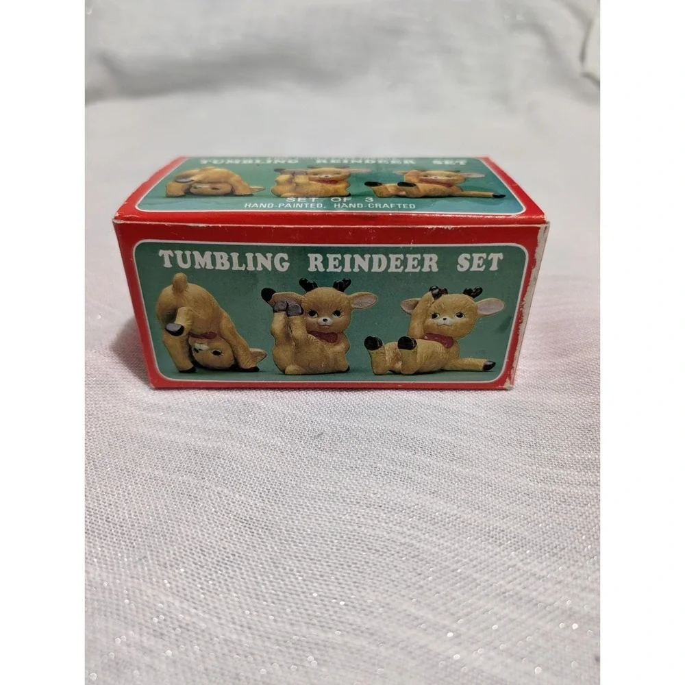 Vintage 1960s JSNY Tumbling Reindeer Set of 3‎ Porcelain Bisque Figurines w/ Box
